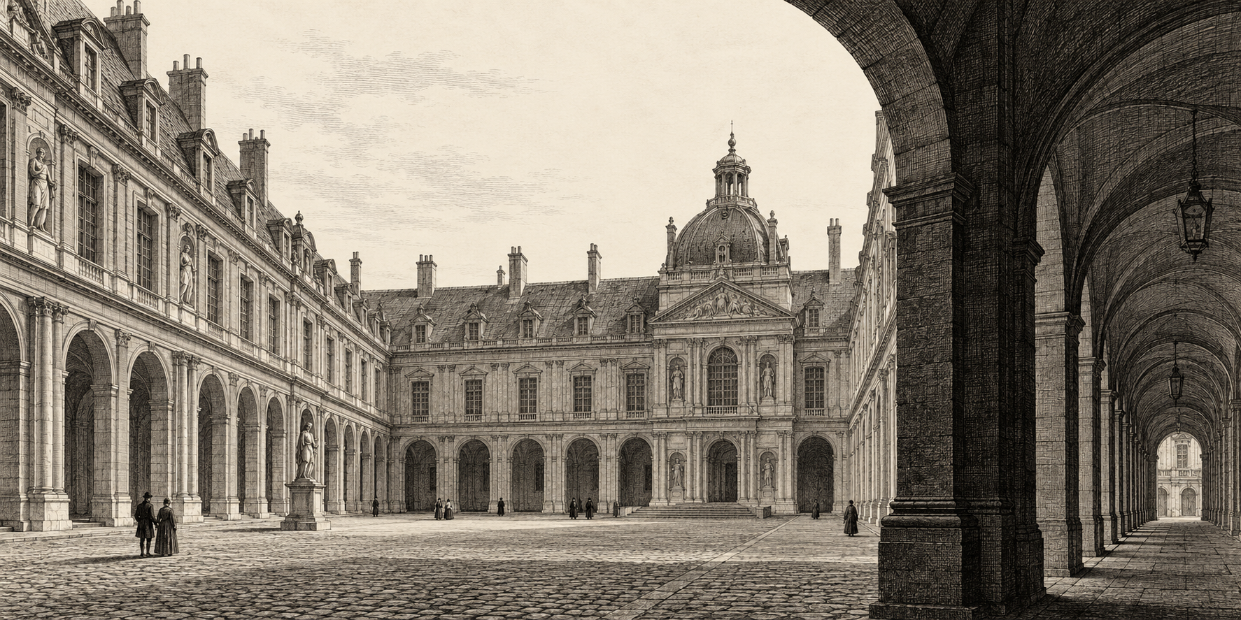 Cour monumentale entourée d’arcades, avec de petites silhouettes à l’échelle de l’architecture. Illustration imaginaire dans le style d’une gravure.
